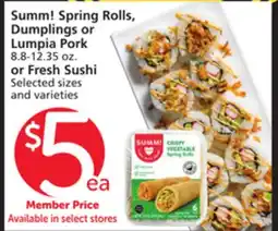 Albertsons Summ! Spring Rolls, Dumplings or Lumpia Pork 8.8-12.35 oz. or Fresh Sushi offer