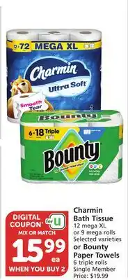 Albertsons Charmin Bath Tissue 12 mega XL or 9 mega rolls or Bounty Paper Towels 6 triple rolls offer