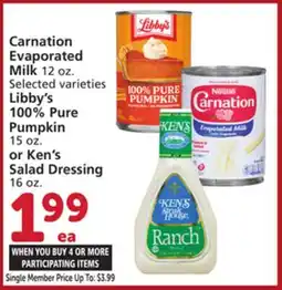 Albertsons Carnation Evaporated Milk 12 oz. Libby's 100% Pure Pumpkin 15 oz. or Ken's Salad Dressing 16 oz offer