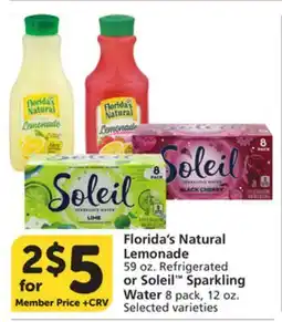 Albertsons Florida's Natural Lemonade 59 oz. Refrigerated or Soleil Sparkling Water 8 pack, 12 oz offer