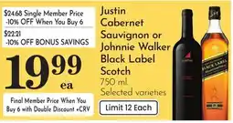 Pavilions Justin Cabernet Sauvignon or Johnnie Walker Black Label Scotch offer