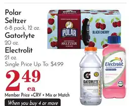 Pavilions Polar Seltzer 6-8 pack, 12 oz. Gatorlyte 20 oz. Electrolit 21 oz offer