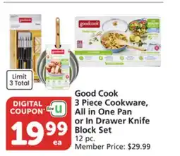 Vons Good Cook 3 Piece Cookware, All in One Pan or In Drawer Knife Block Set offer