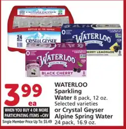 Vons WATERLOO Sparkling Water 8 pack, 12 oz. or Crystal Geyser Alpine Spring Water 24 pack, 16.9 oz offer