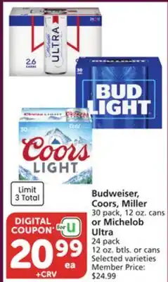 Vons Budweiser, Coors, Miller 30 pack, 12 oz. cans or Michelob Ultra 24 pack 12 oz. btls. or cans offer