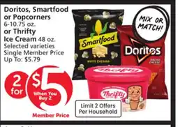 Vons Doritos, Smartfood or Popcorners 6-10.75 oz. or Thrifty Ice Cream 48 oz offer
