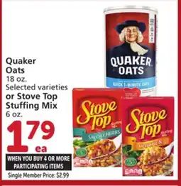 Vons Quaker Oats 18 oz. Selected varieties or Stove Top Stuffing Mix 6 oz offer