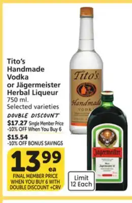 Vons Tito's Handmade Vodka or Jägermeister Herbal Liqueur offer