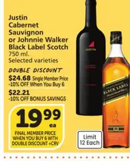 Vons Justin Cabernet Sauvignon or Johnnie Walker Black Label Scotch offer