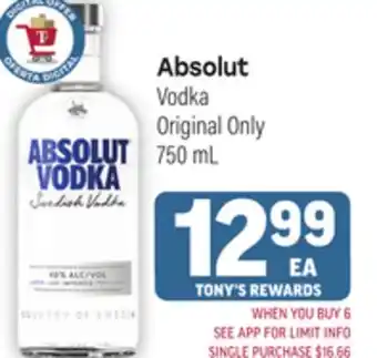 Tony’s Fresh Market Absolut Vodka offer