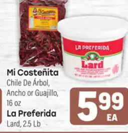 Tony’s Fresh Market Mi Costeñita Chile De Árbol, Ancho or Guajillo, 16oz or La Preferida Lard, 2.5Lb offer