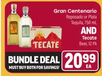 Tony’s Fresh Market Gran Centenario Reposado or Plata Tequila, 750mL AND Tecate Beer, 12Pk offer