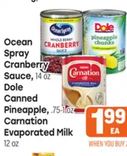 Tony’s Fresh Market Ocean Spray Cranberry Sauce, 14 oz Dole Canned Pineapple, .75-1 oz Carnation Evaporated Milk 12 oz offer