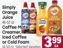 Tony’s Fresh Market Simply Orange Juice, 46-52 oz Coffee Mate Creamer, Iced Coffee or Cold Foam, 14-50 oz offer