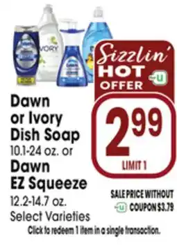 Jewel-Osco Dawn or Ivory Dish Soap 10.1-24 oz. or Dawn EZ Squeeze 12.2-14.7 oz offer