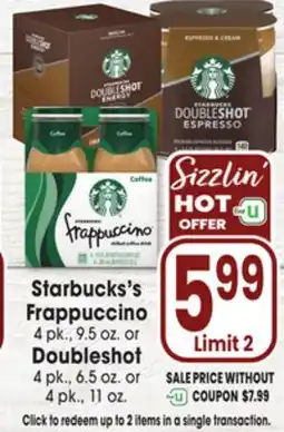 Jewel-Osco Starbucks Frappuccino 4 pk., 9.5 oz. or Doubleshot 4 pk., 6.5 oz. or 4 pk., 11 oz offer