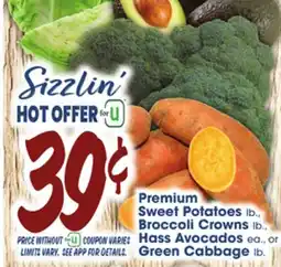 Jewel-Osco Premium Sweet Potatoes lb., Broccoli Crowns lb., Hass Avocados ea., or Green Cabbage lb offer