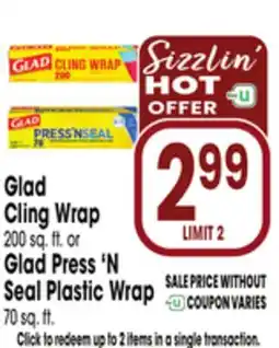 Jewel-Osco Glad Cling Wrap 200 sq. ft. or Glad Press'N Seal Plastic Wrap 70 sq. ft offer