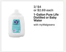Walgreens 1-Gallon Pure Life Distilled or Baby Water offer