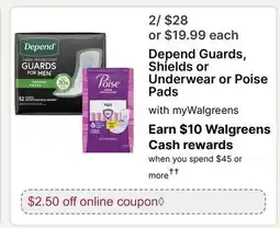 Walgreens Depend Guards, Shields or Underwear or Poise Pads offer