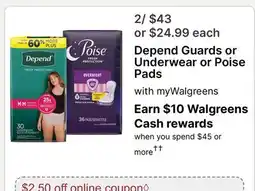 Walgreens Depend Guards or Underwear or Poise Pads offer