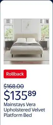 Walmart Mainstays Vera Upholstered Velvet Platform Bed, No Box Spring Required, Queen, Cream offer