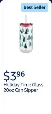 Walmart Holiday Time Glass 20oz Can Sipper Christmas Trees with Lid offer
