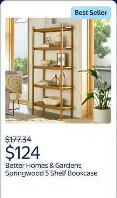 Walmart Better Homes & Gardens Springwood 5 Shelf Bookcase with Solid Wood Frame, Light Honey Finish offer