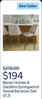 Walmart Better Homes & Gardens Springwood Swivel Barstool, Set of 2, Light Honey Finish offer