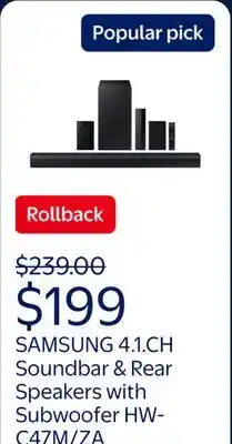 Walmart SAMSUNG B-Series 4.1.CH Soundbar & Rear Speakers with Subwoofer, Bluetooth, HW-C47M/ZA 2023 offer