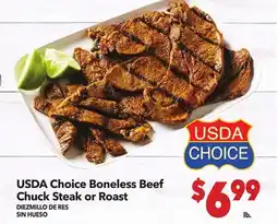 Vallarta Supermarkets USDA Choice Boneless Beef Chuck Steak or Roast / DIEZMILLO DE RES SIN HUESO offer