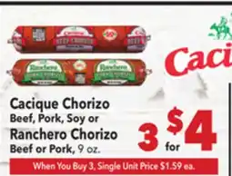 Vallarta Supermarkets Cacique Chorizo Beef, Pork, Soy or Ranchero Chorizo Beef or Pork, 9 oz offer