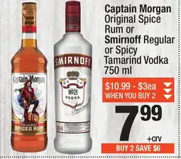 Super King Markets Captain Morgan Original Spice Rum or Smirnoff Regular or Spicy Tamarind Vodka offer