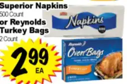 Superior Grocers Superior Napkins 500 Count or Reynolds Turkey Bags 2 Count offer
