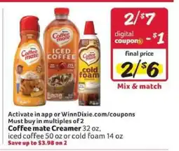 Winn Dixie Coffee Mate Creamer, Iced Coffee or Cold Foam offer