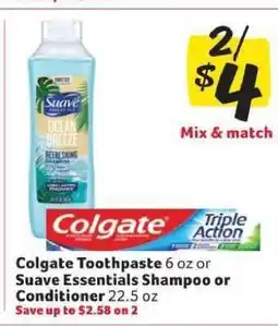 Winn Dixie Colgate Toothpaste or Suave Essentials Shampoo or Conditioner offer