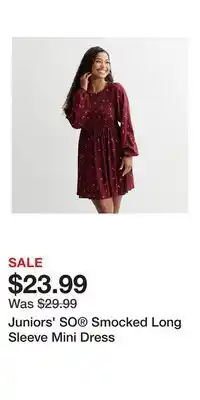 Kohl's Juniors' SO Smocked Long Sleeve Mini Dress offer