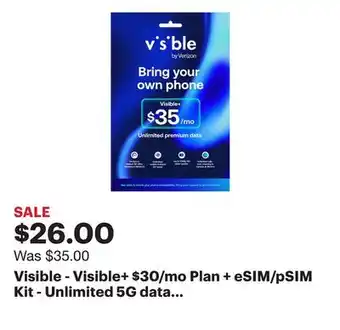 Best Buy Visible - Visible+ $30/mo Plan + eSIM/pSIM Kit - Unlimited 5G data included - Blue offer