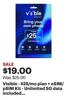 Best Buy Visible - $25/mo plan + eSIM/pSIM Kit - Unlimited 5G data included - Blue offer