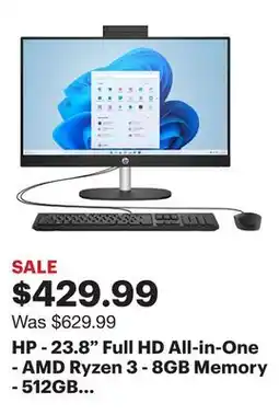 Best Buy HP - 23.8 Full HD All-in-One - AMD Ryzen 3 - 8GB Memory - 512GB SSD - Jet Black offer