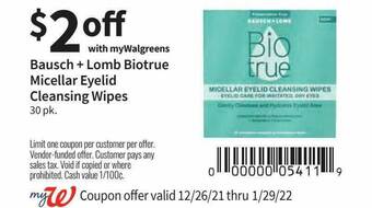 Walgreens Bausch Lomb Biotrue Micellar Eyelid Cleansing Wipes offer