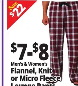 Ocean State Job Lot Men's & WOmen's Flannel, Knit or Micro Flea Lounge Pants offer