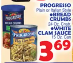 Bravo Supermarkets PROGRESSO BREAD CRUMBS, WHITE CLAM SAUCE offer