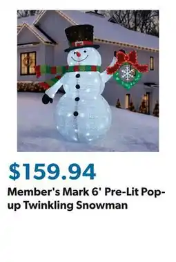 Sam's Club Member's Mark 6' Pre-Lit Pop-up Twinkling Snowman offer