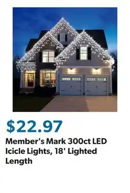 Sam's Club Member's Mark 300ct LED Icicle Lights, 18' Lighted Length offer