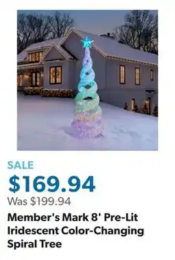 Sam's Club Member's Mark 8' Pre-Lit Iridescent Color-Changing Spiral Tree offer