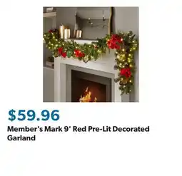 Sam's Club Member's Mark 9' Red Pre-Lit Decorated Garland offer