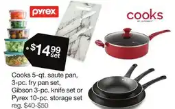 JC Penney Cooks 5-qt. saute pan, 3-pc. fry pan set, Gibson 3-pc. knife set or Pyrex 10-pc. storage set offer