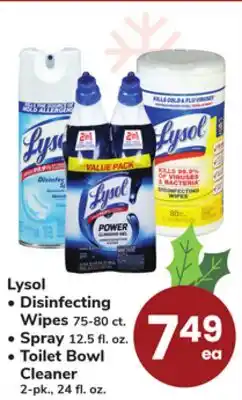 ACME Lysol Disinfecting Wipes 75-80 ct., Spray 12.5 fl. oz., Toilet Bowl Cleaner 2-pk., 24 fl. oz offer
