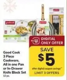 Safeway Good Cook 3 Piece Cookware, All in one Pan or In-Drawer Knife Block Set offer